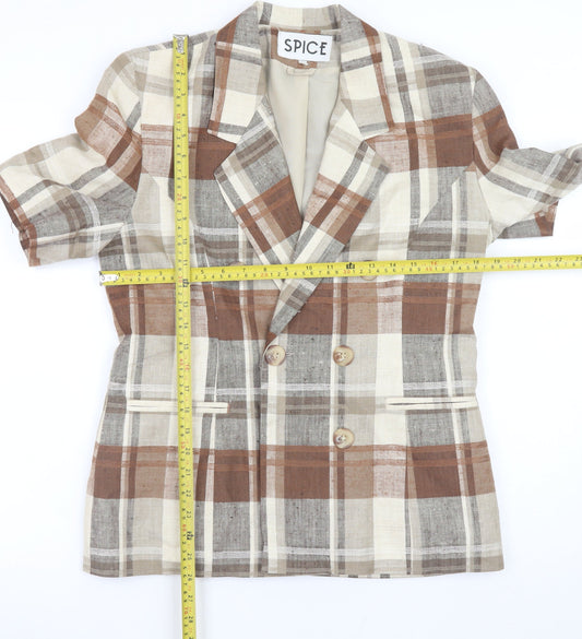 SPICE Womens Brown Check Linen Short Sleeve Blazer Size 12