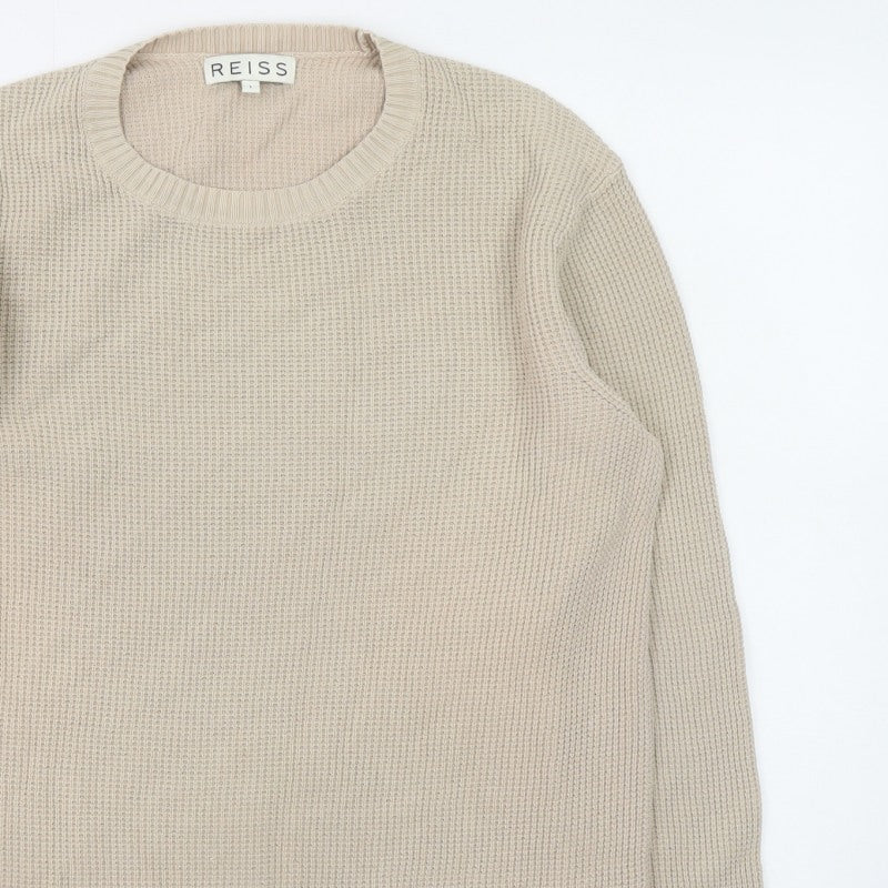 Reiss Mens Beige Waffle Knit Crew Neck Jumper Size L
