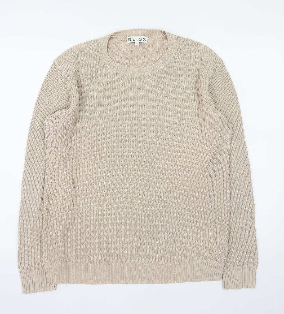 Reiss Mens Beige Waffle Knit Crew Neck Jumper Size L