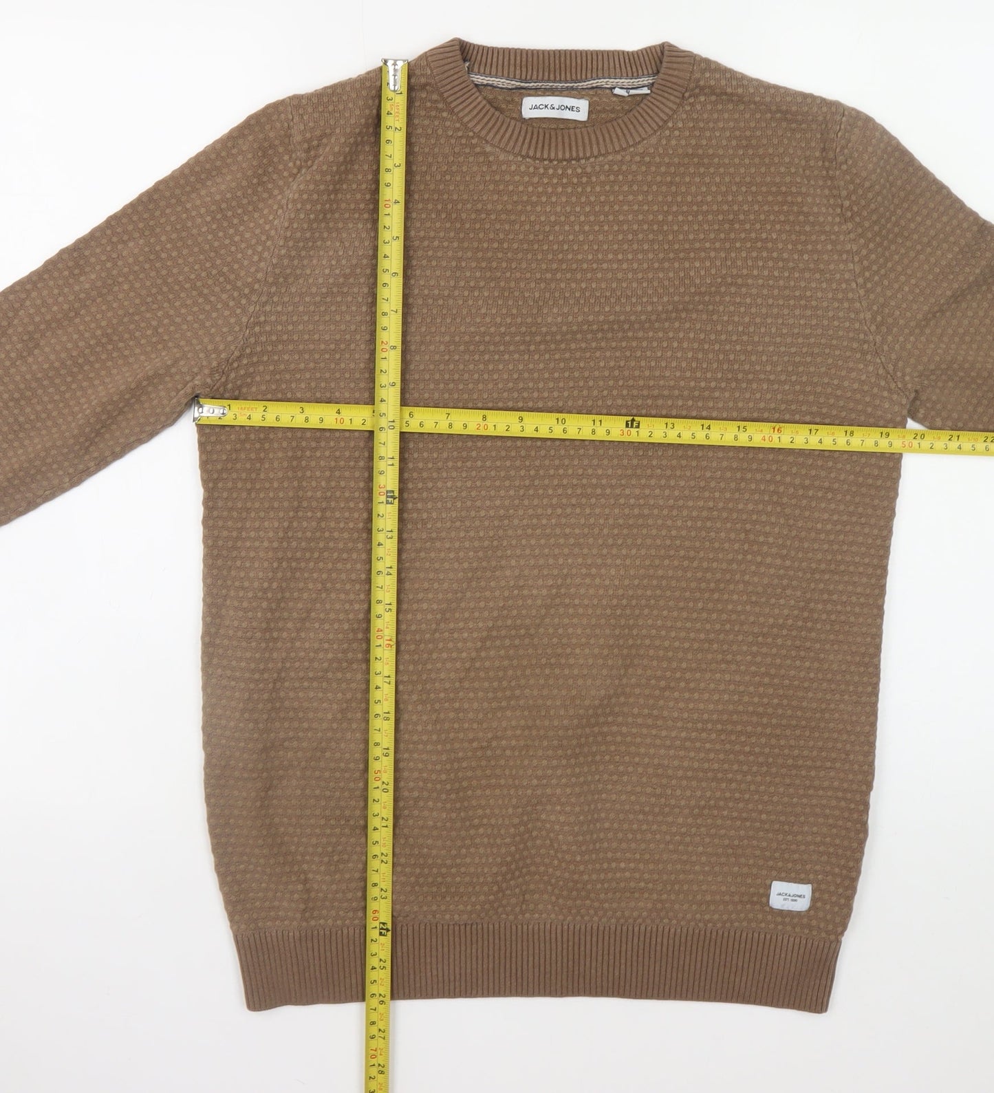 Jack & Jones Men's Brown Waffle-Knit Cotton Pullover Jumper Size L