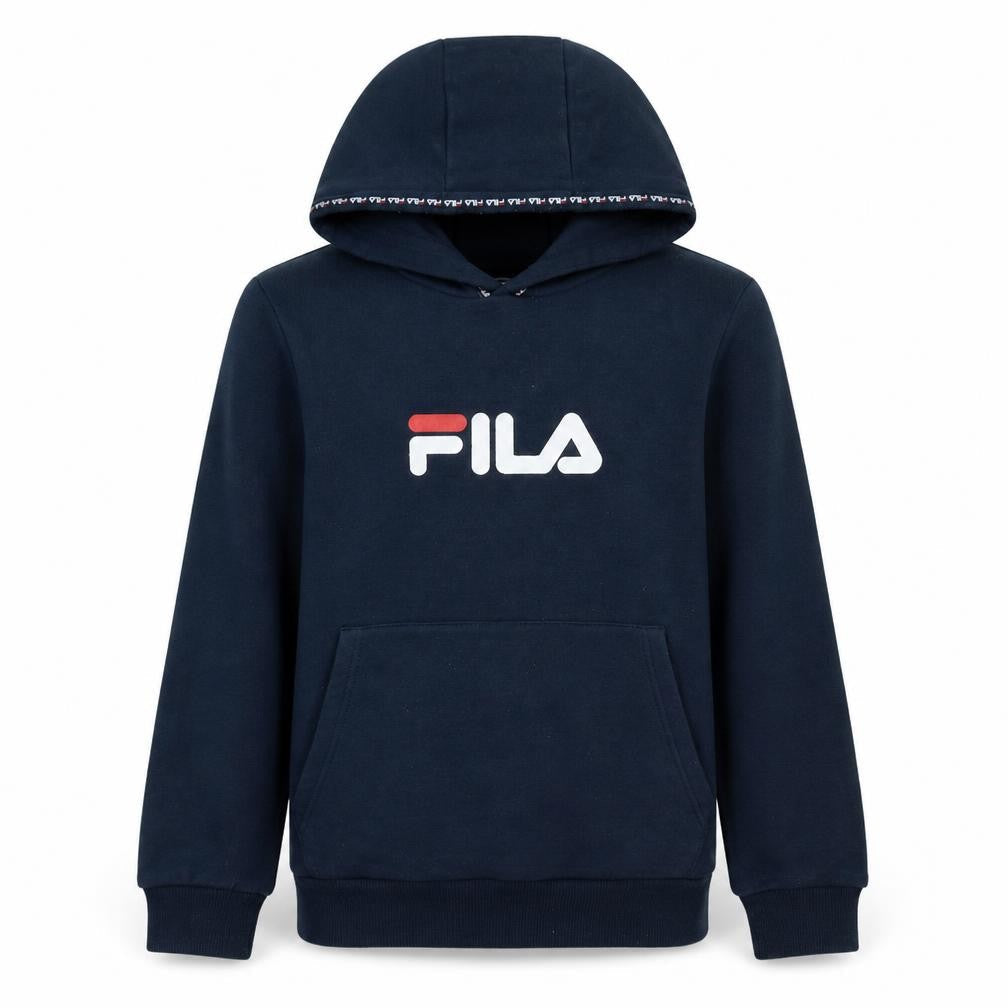 Front view of Fila boys’ navy blue pullover hoodie 13-15 years logo design