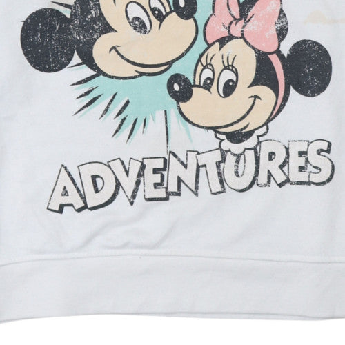 Disney Women's White Mickey & Minnie Crew Neck Pullover Sweatshirt L