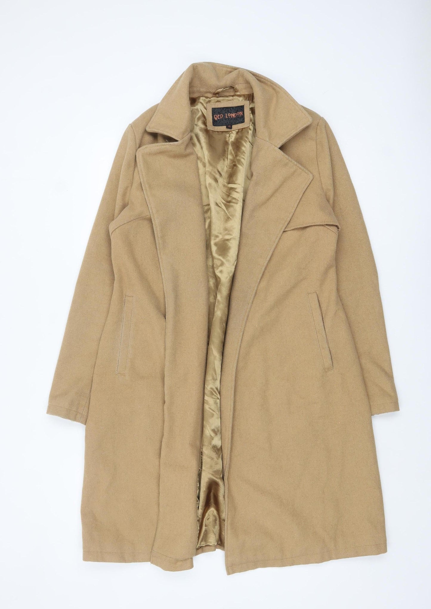 QED London Women Beige Mid-Length Overcoat Size 12 Lined Classic Style