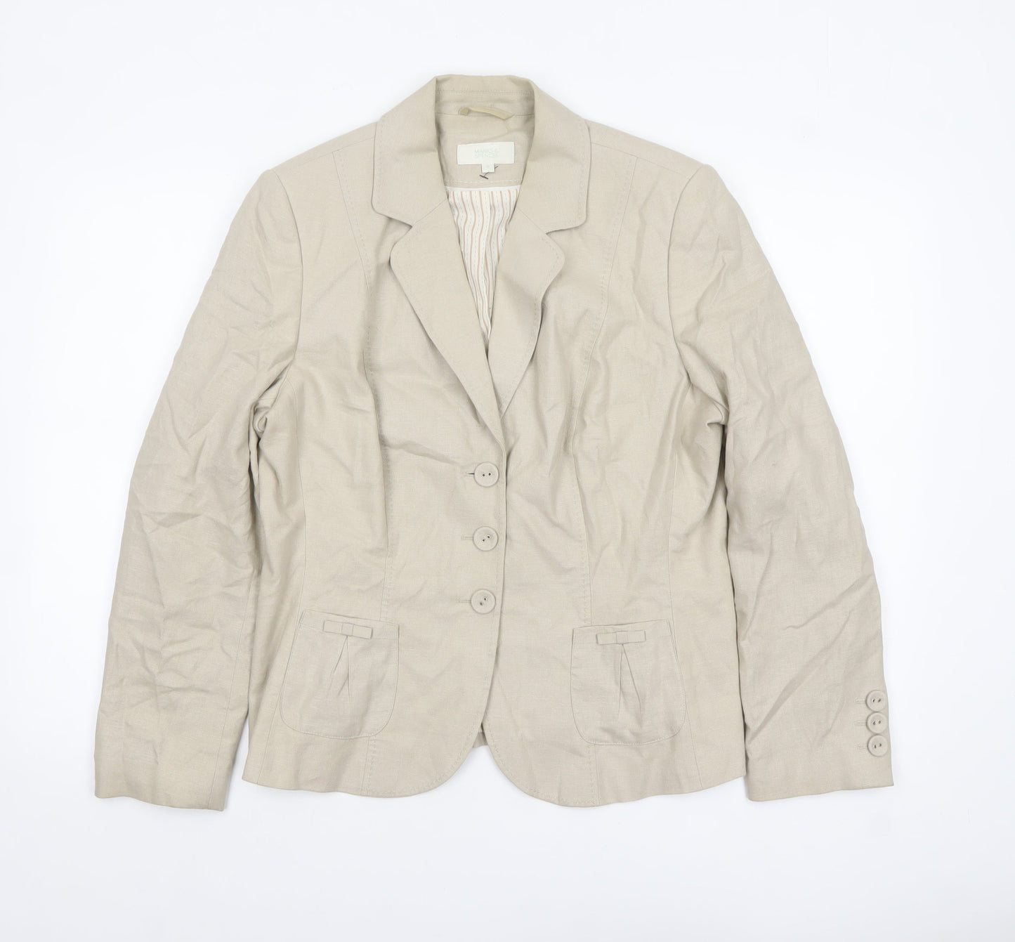 Marks and Spencer Women Beige Linen Blend Blazer Size 16 Single-Breasted