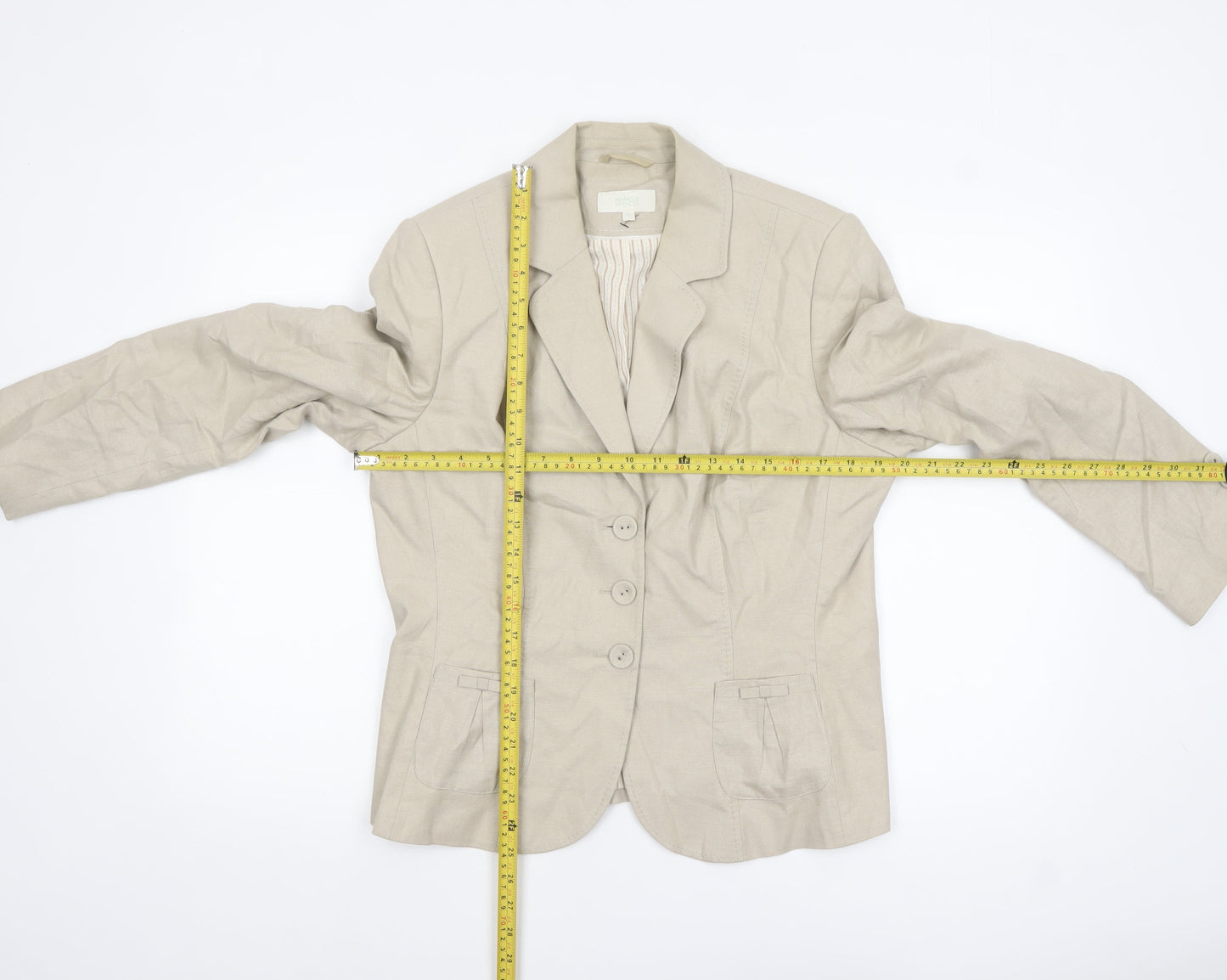 Marks and Spencer Women Beige Linen Blend Blazer Size 16 Single-Breasted