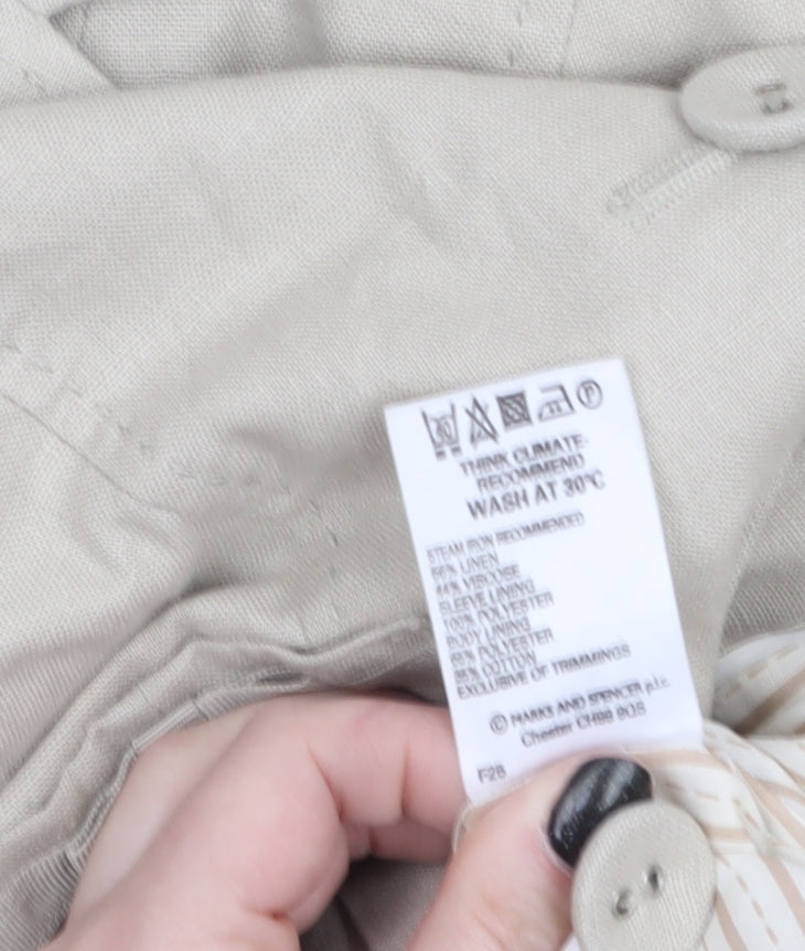 Marks and Spencer Women Beige Linen Blend Blazer Size 16 Single-Breasted