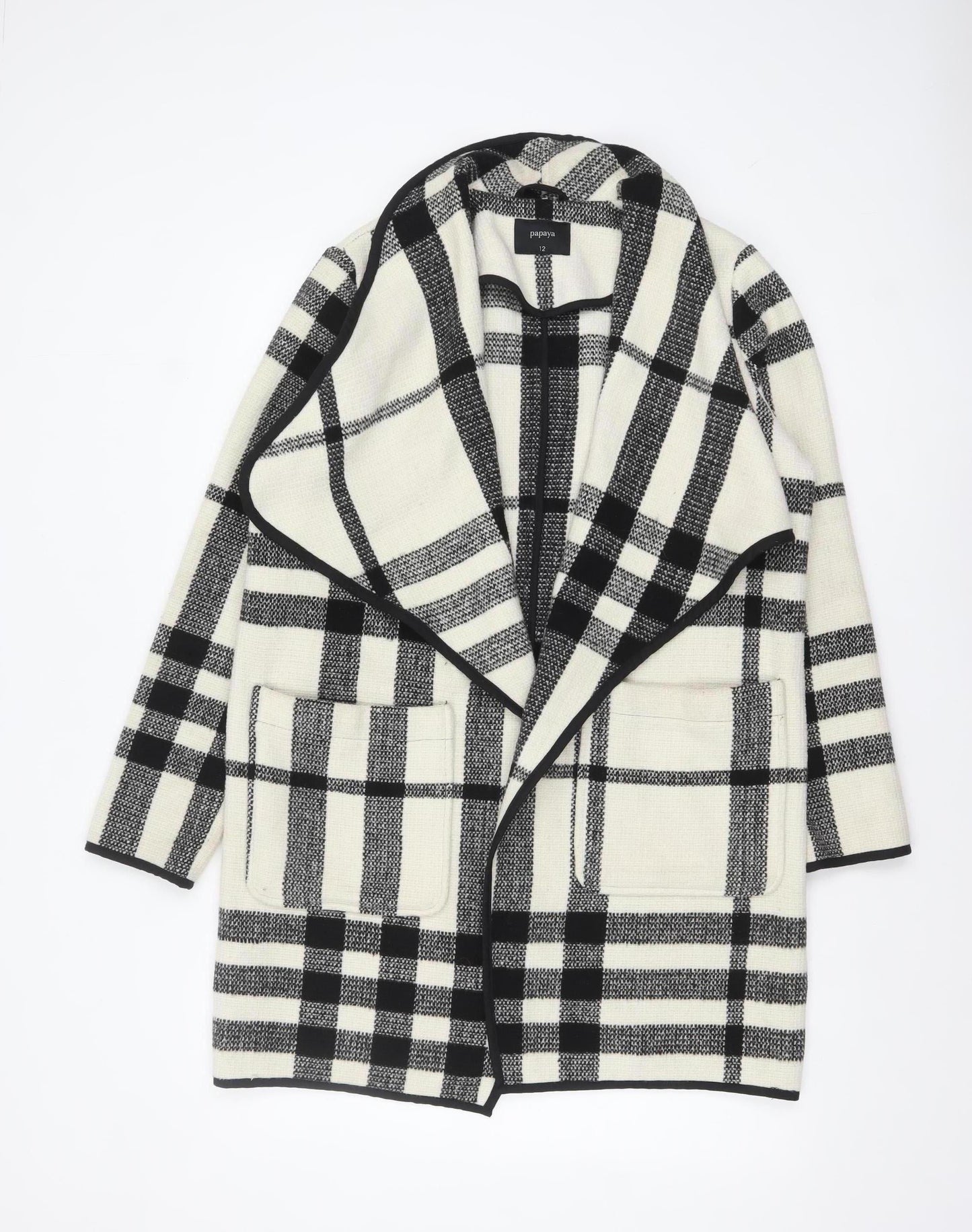 Papaya Women Black Check Knit Coatigan UK 12 Mid-Length Open Front
