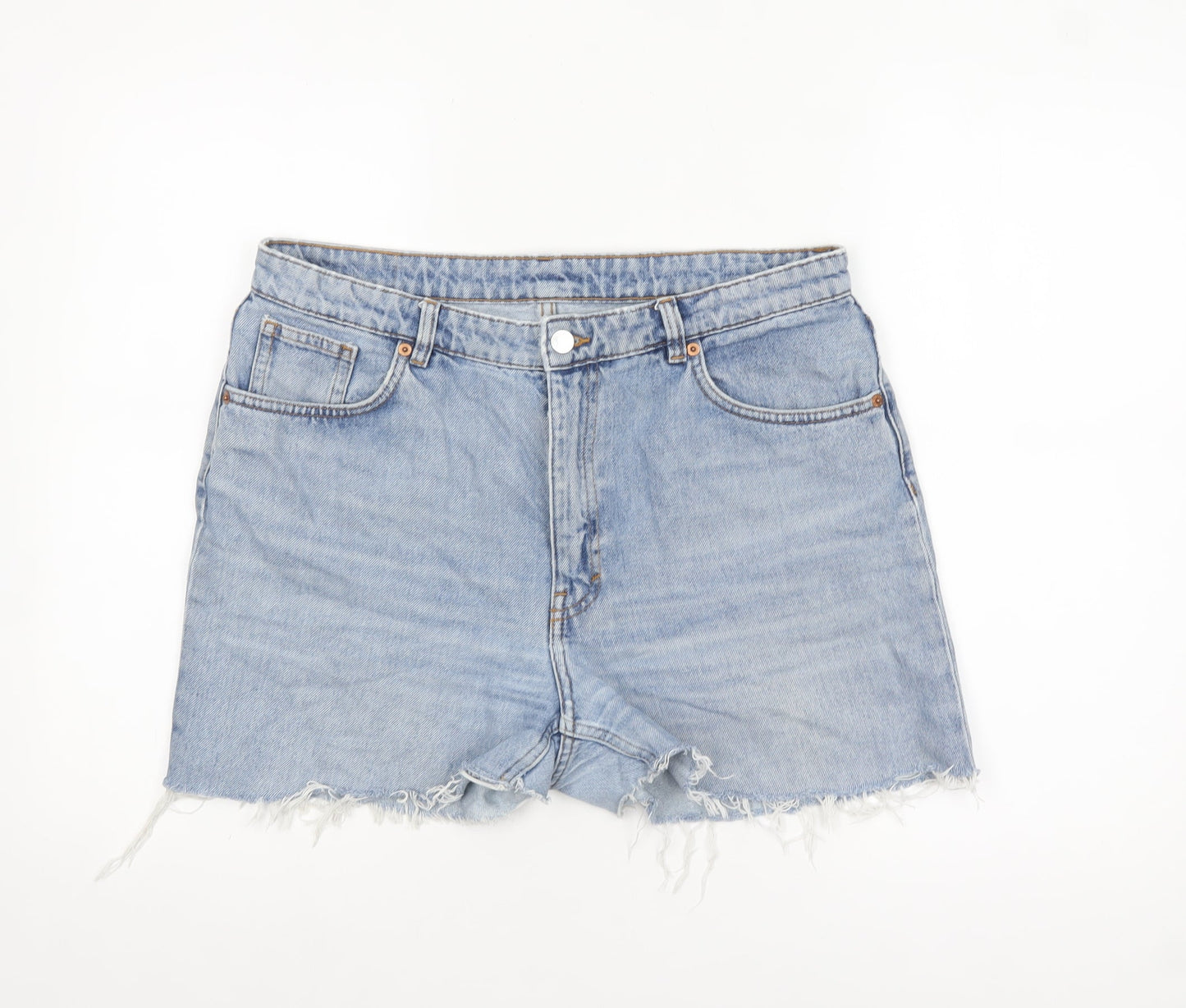 Monki Women Blue Denim Cut-Off Shorts Size 16 High Waist 100% Cotton