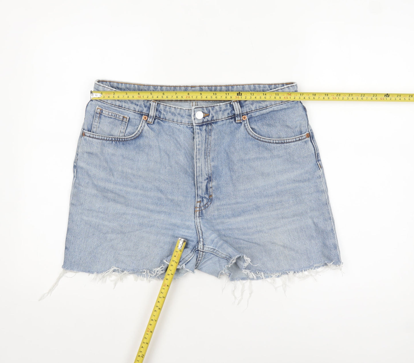 Monki Women Blue Denim Cut-Off Shorts Size 16 High Waist 100% Cotton