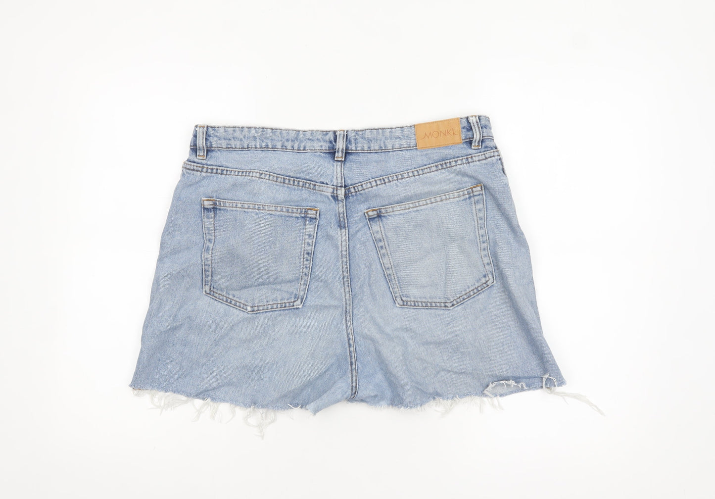 Monki Women Blue Denim Cut-Off Shorts Size 16 High Waist 100% Cotton