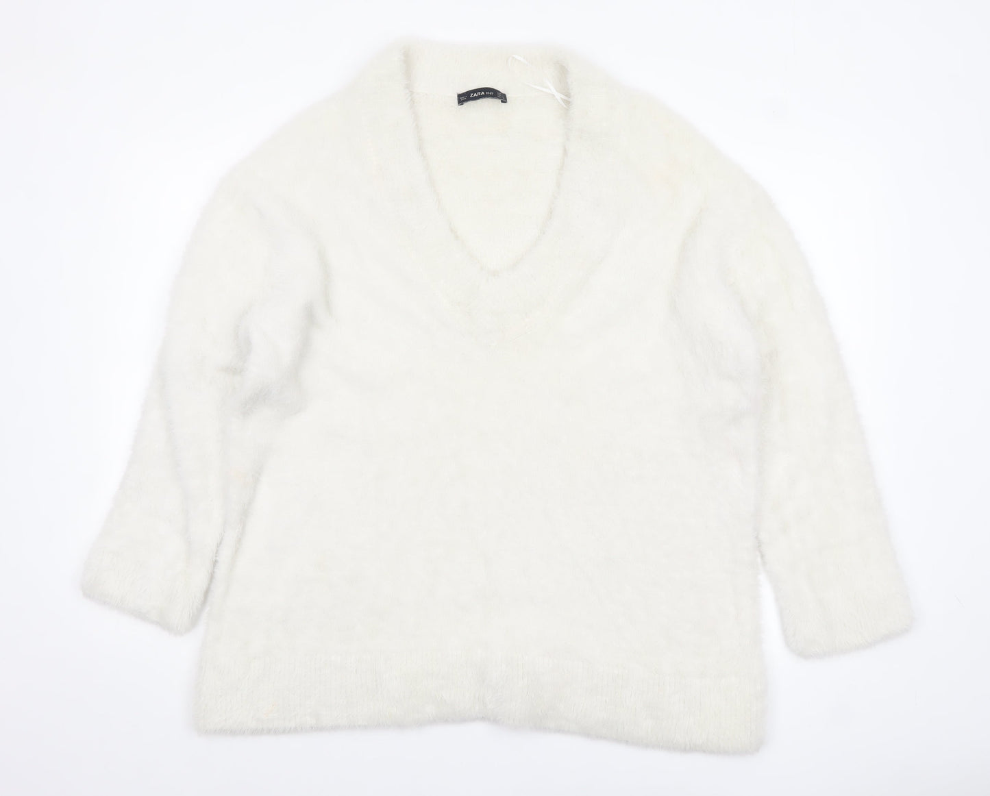 Zara Women White V-Neck Knit Pullover Jumper Size 14