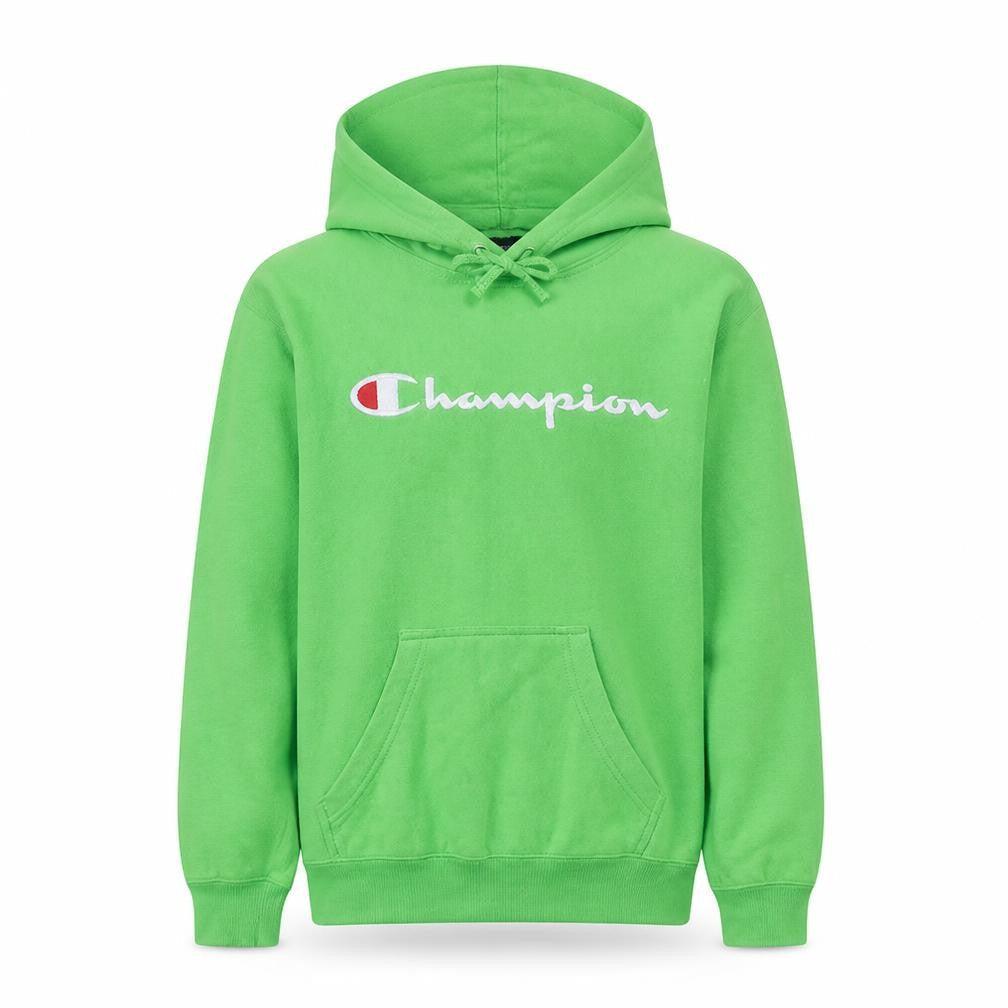 Champion Men's Green Pullover Hoodie Small Logo Print Cotton Blend
