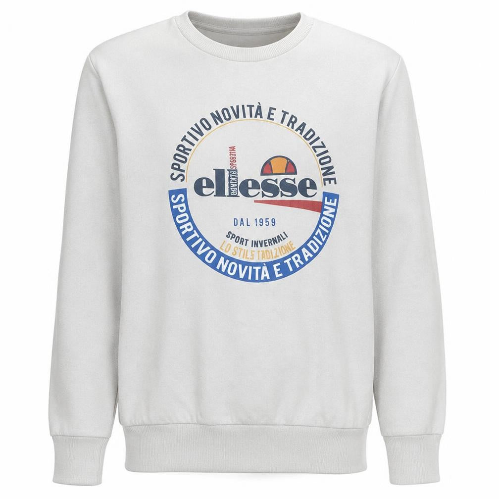 Front view of Ellesse Men's White Graphic Logo Crew Neck Sweatshirt, size M