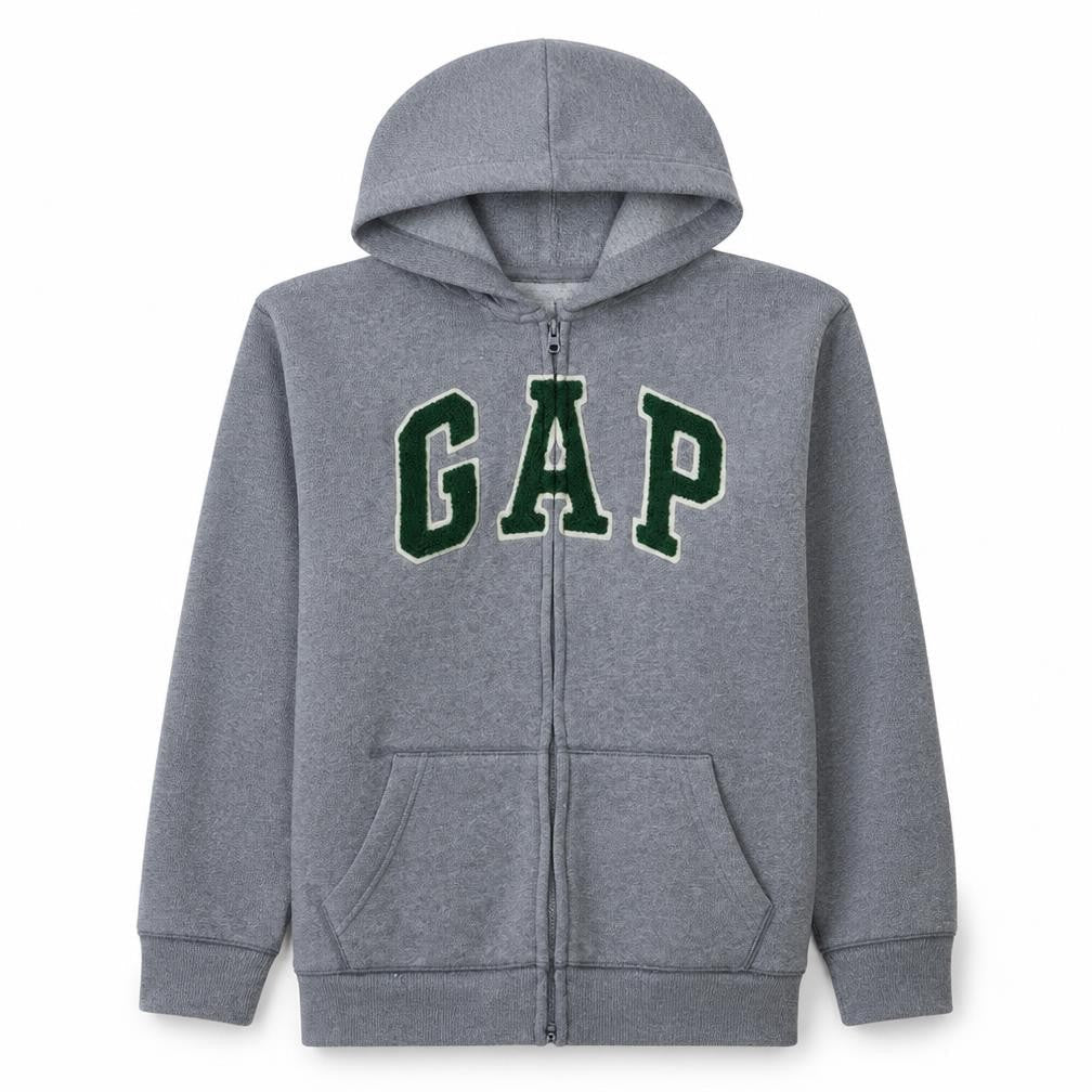 Front view of Gap boys’ grey xxl full zip hoodie with logo embroidery