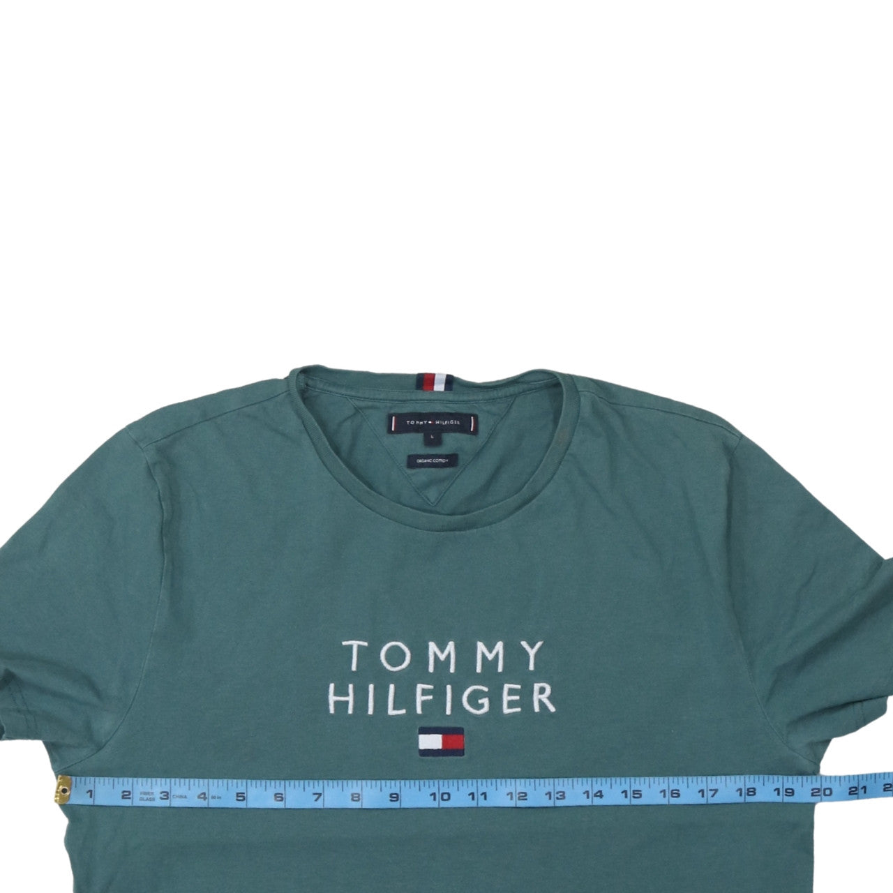 Tommy Hilfiger Men's Green Logo Embroidered Organic Cotton T-Shirt L