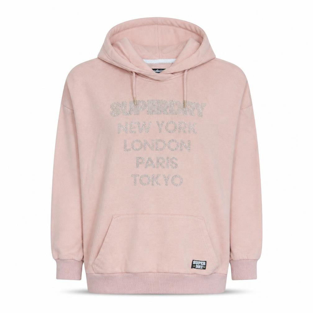 Superdry Womens Pink Pullover Hoodie Size S Rhinestone Logo Cotton Blend