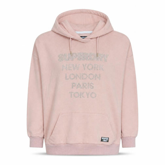 Superdry Womens Pink Pullover Hoodie Size S Rhinestone Logo Cotton Blend