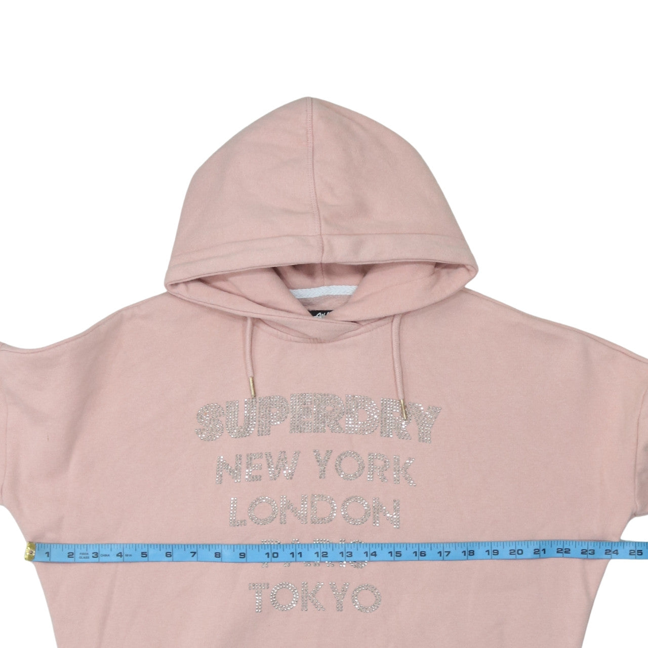 Superdry Womens Pink Pullover Hoodie Size S Rhinestone Logo Cotton Blend