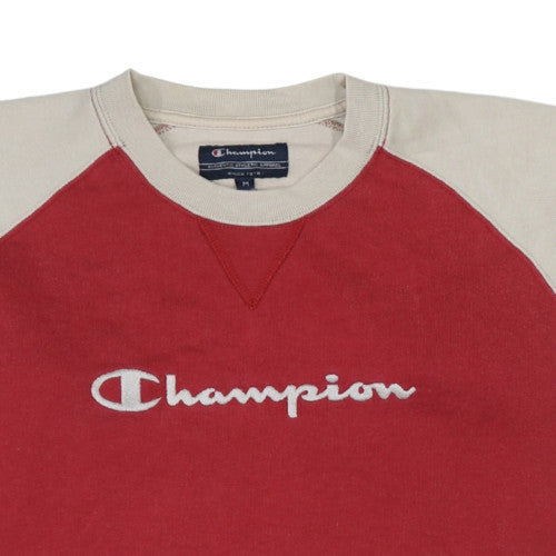 Champion Men's Red Beige Pullover Sweatshirt M Crew Neck Embroidered Logo