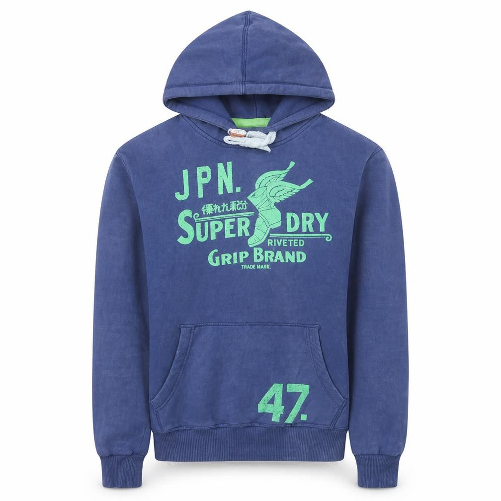 Superdry Mens Blue Pullover Hoodie M Graphic Print Fleece Sweatshirt