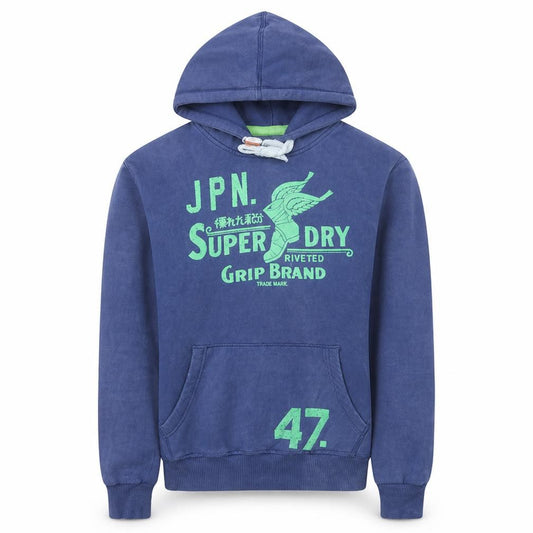 Superdry Mens Blue Pullover Hoodie M Graphic Print Fleece Sweatshirt