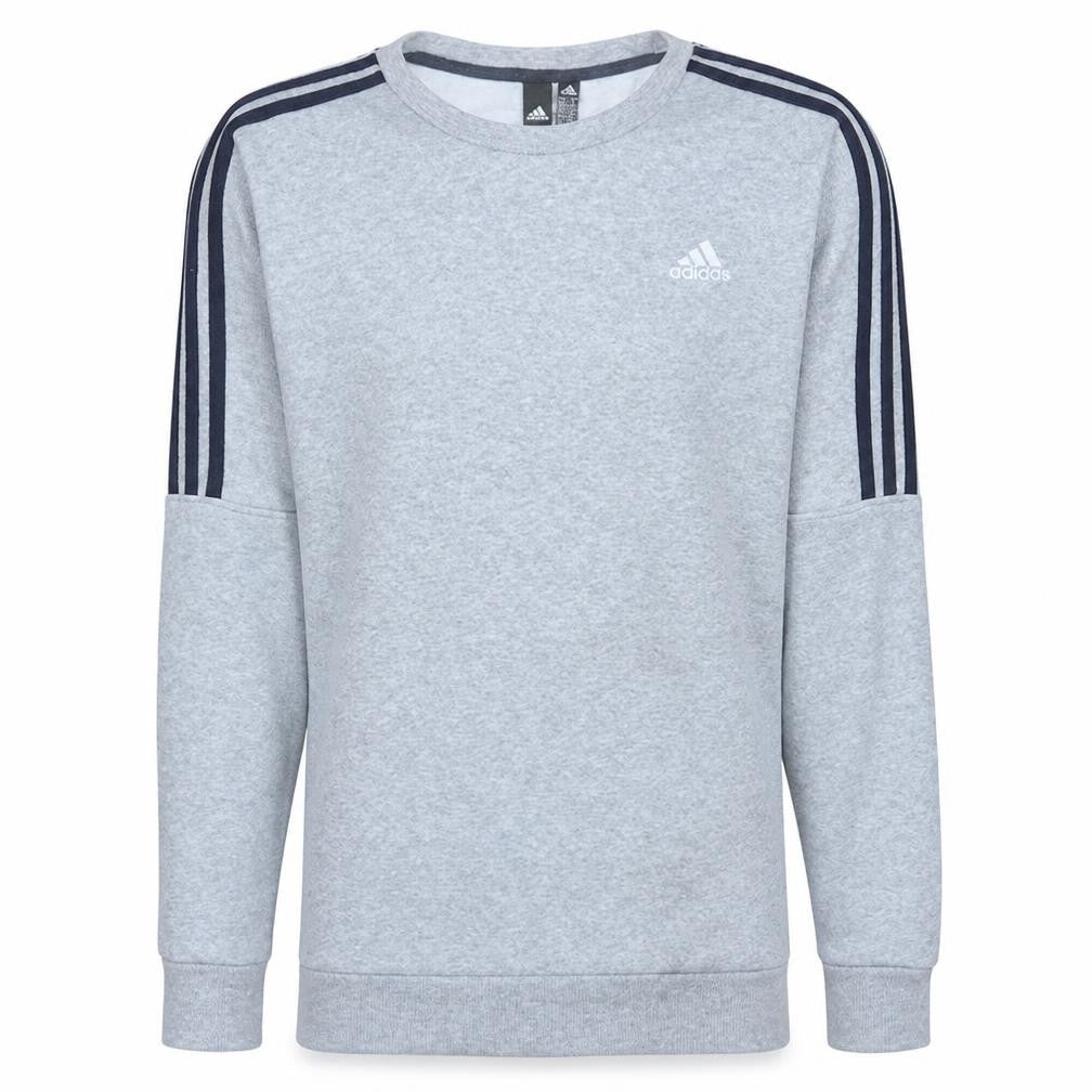 Front view of Adidas men’s grey crew neck pullover sweatshirt, size M, regular fit