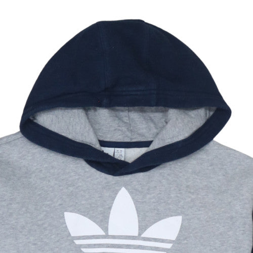 adidas Boys Blue Grey Pullover Hoodie 15-16 Years Colourblock Logo Fleece