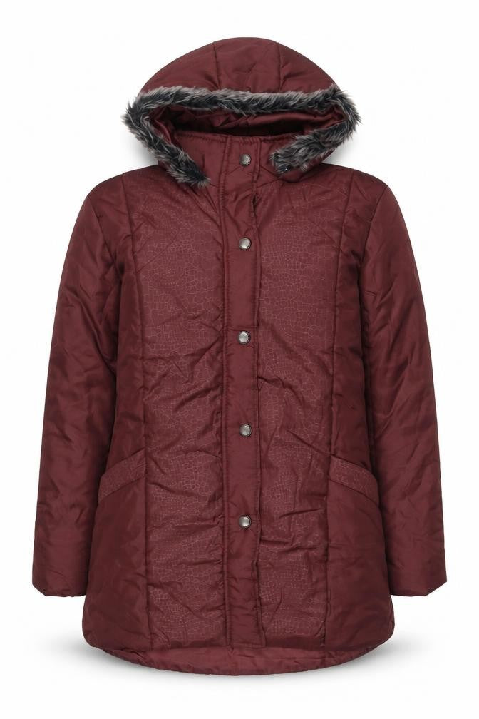 Front view of Anne de Lançay Women's Red Hooded Puffer Jacket M Faux Fur Trim