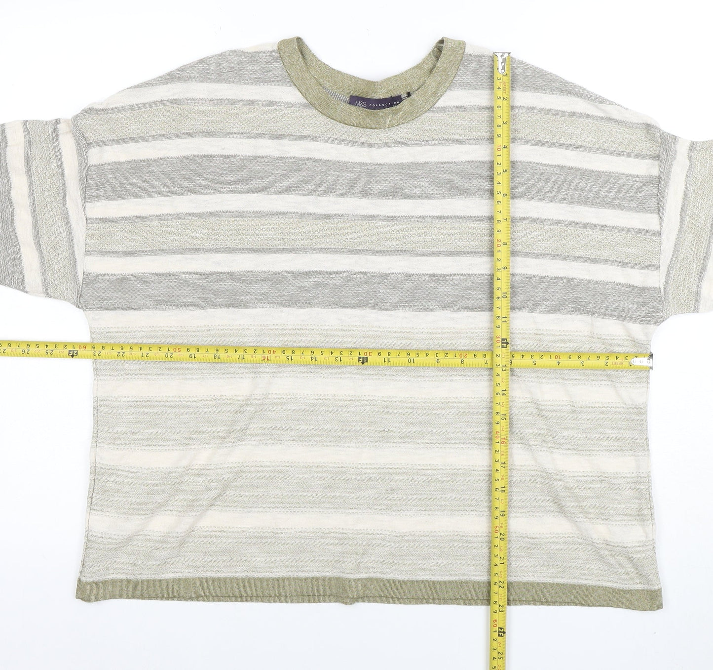 Marks and Spencer Women Beige Striped Short Sleeve Cotton Blend T-Shirt Size 20