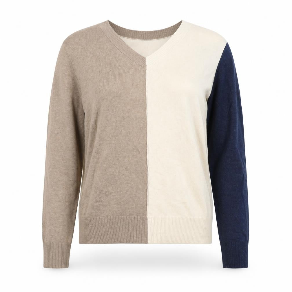 White Stuff Women Beige Cream Blue V-Neck Colourblock Cotton Jumper L