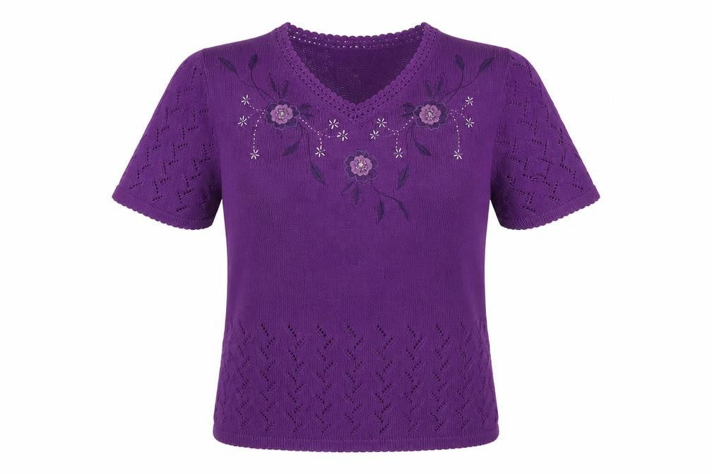 Damart Women’s Purple Embroidered Knit Short Sleeve Blouse Size S