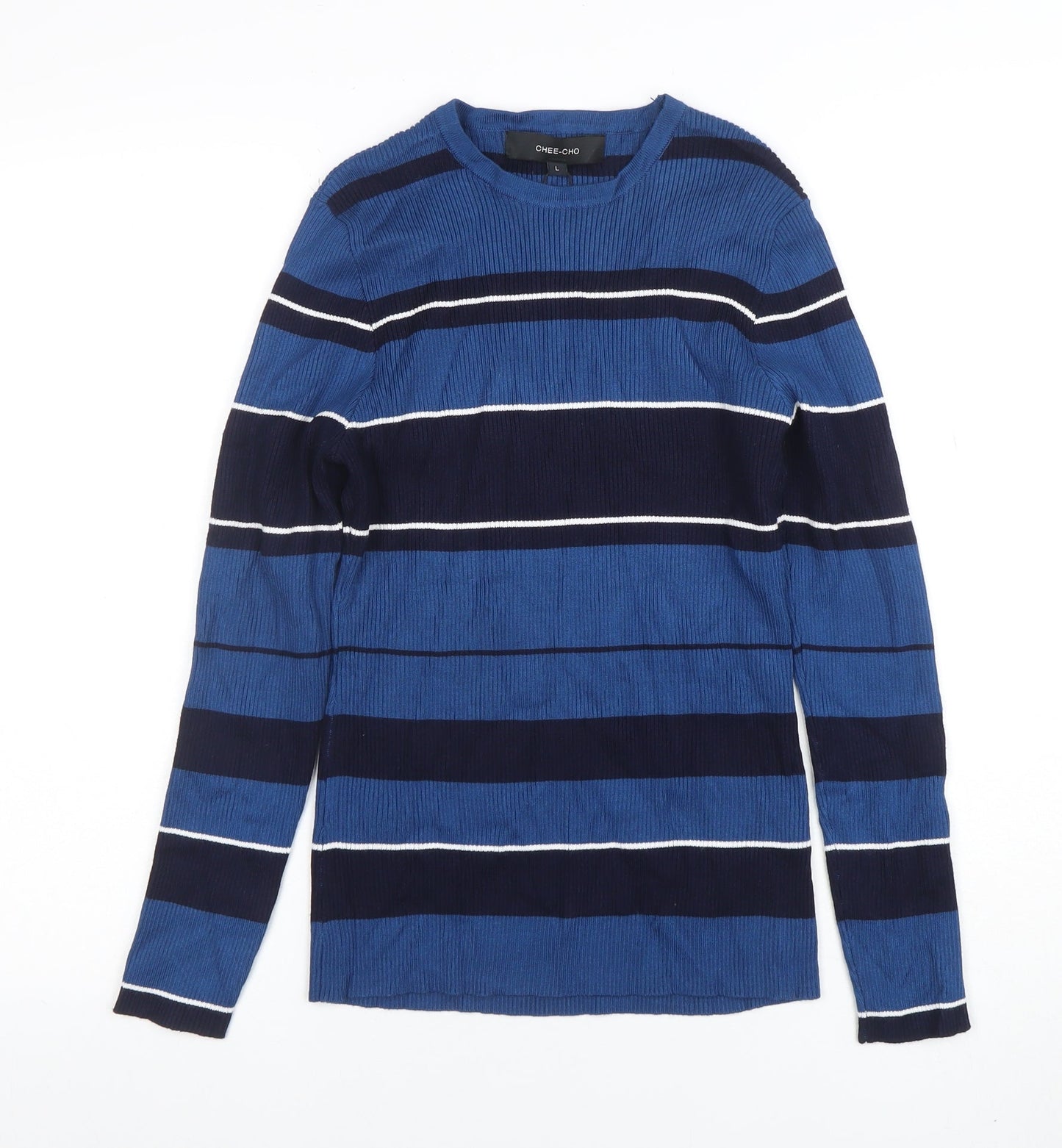 CHEE-CHO Womens Blue Striped Long Sleeve Knit Top Size L