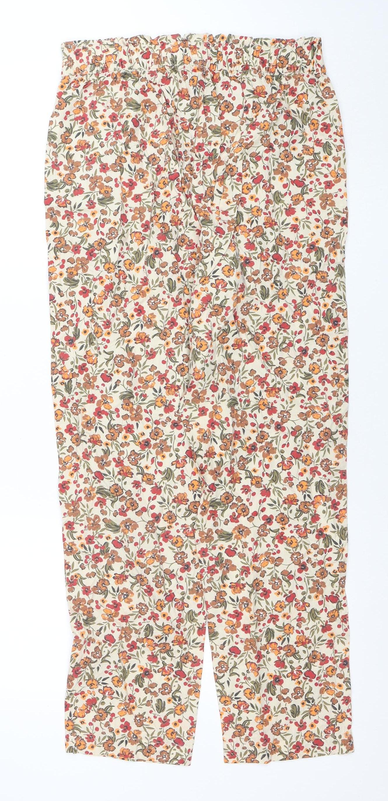 b.young Womens Beige Floral Cotton Straight Trousers Size 8