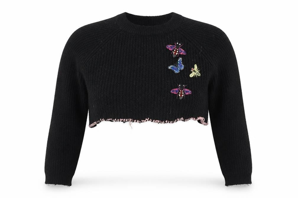 Brave Soul Women's Black Beaded Butterfly Chunky Knit Jumper Size 14
