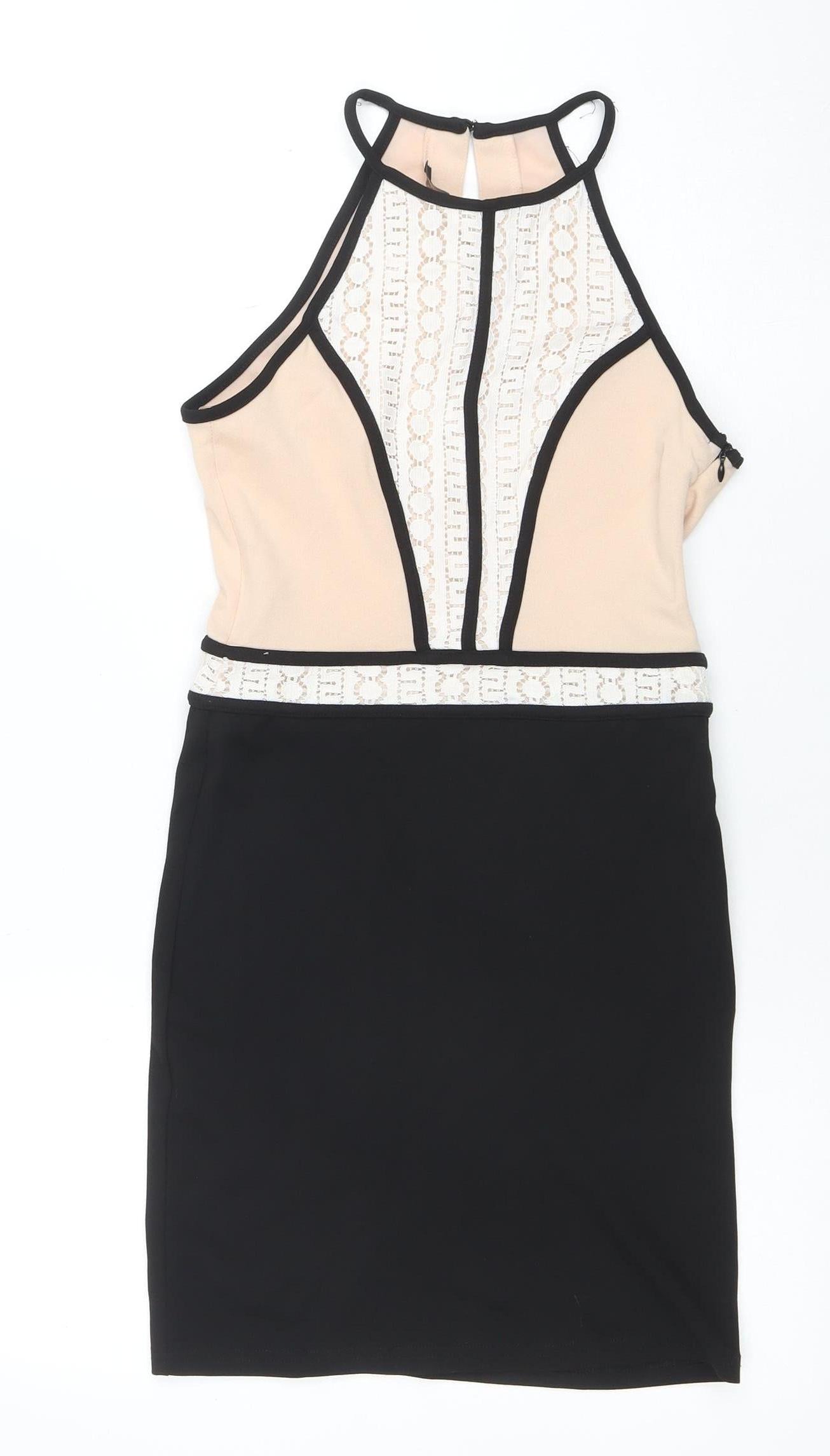 Parisian Women Black Beige Lace Bodycon Dress Size 8 Sleeveless