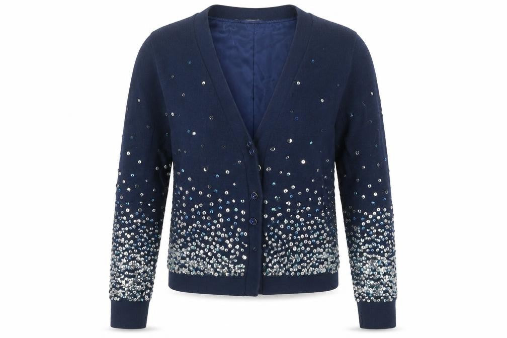 Whistles Women’s Blue Sequin V-Neck Long Sleeve Cardigan Size 10
