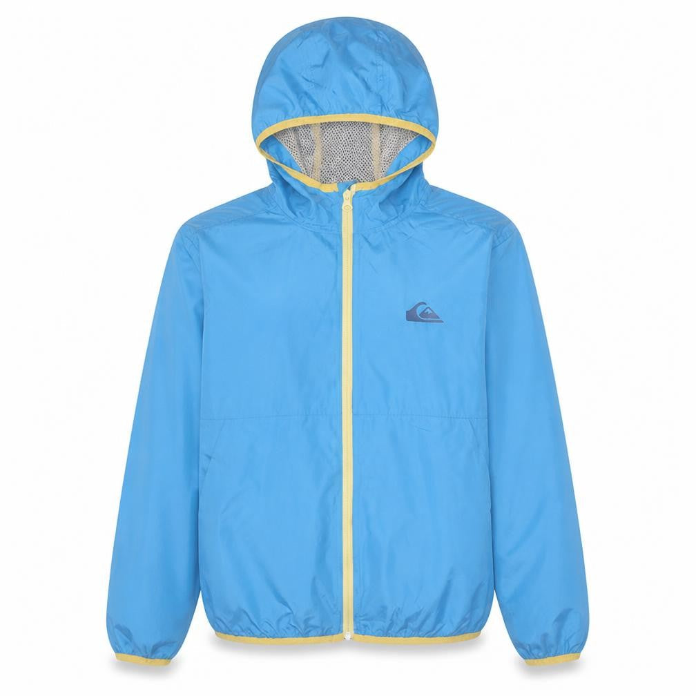 Front view of Quiksilver boys’ blue hooded windbreaker jacket 14 years lightweight full zip