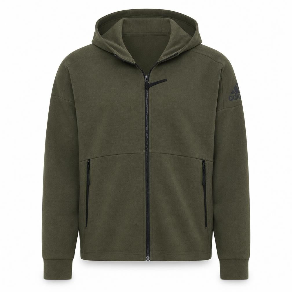 Front view of Adidas Men's Green Full Zip Hoodie, size S, Lightweight Sportswear
