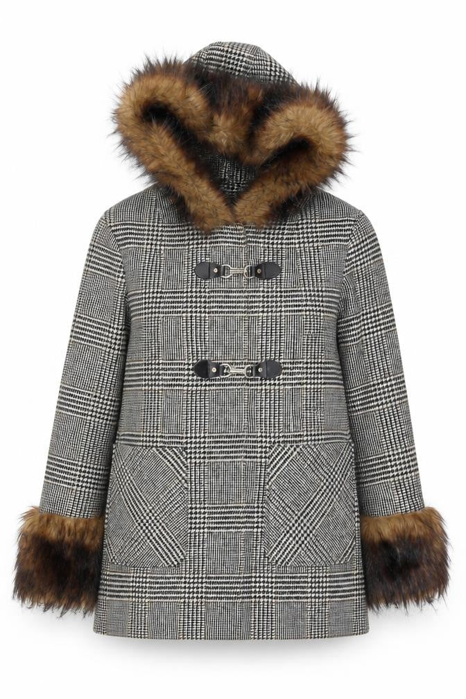 Front view of Miss Selfridge Women's Grey Check Fur Trim Hooded Duffle Coat, size 10