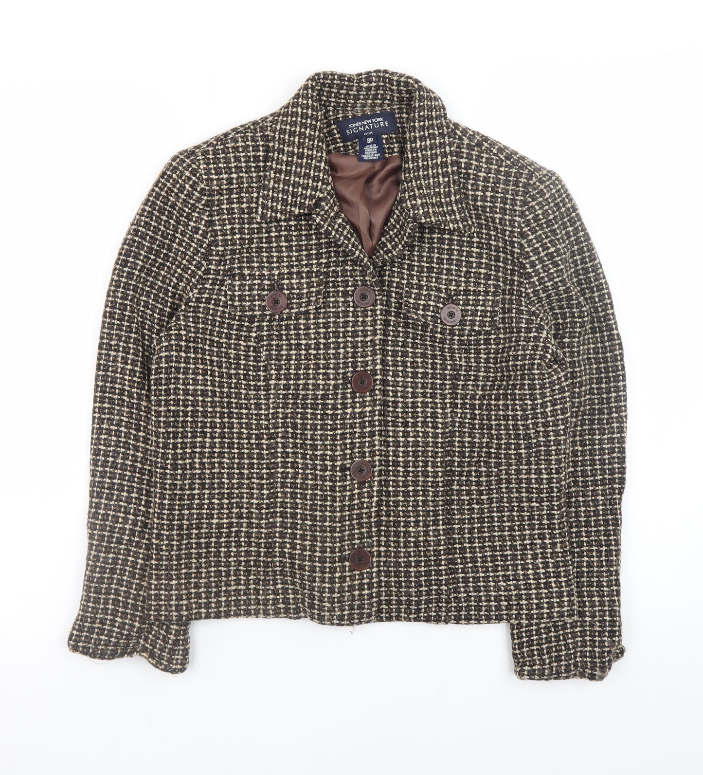Jones New York Women's Brown Petite Check Tweed Blazer Size 8