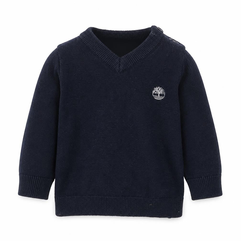 Front view of Timberland boys’ black cotton v-neck pullover sweater 6m