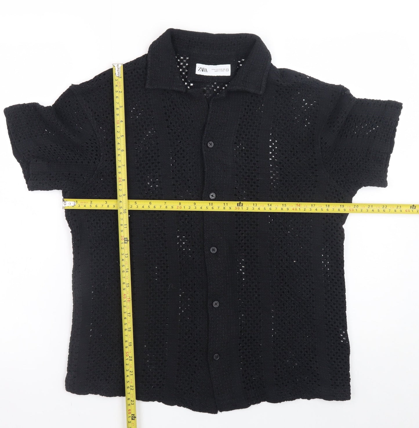 ZARA Men’s Black Crochet Short Sleeve Collared Button Cardigan S