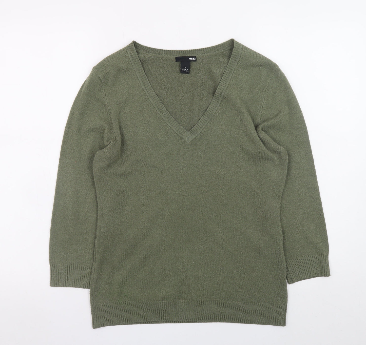H&M Women Green V-Neck 3/4 Sleeve Pullover Jumper Size L