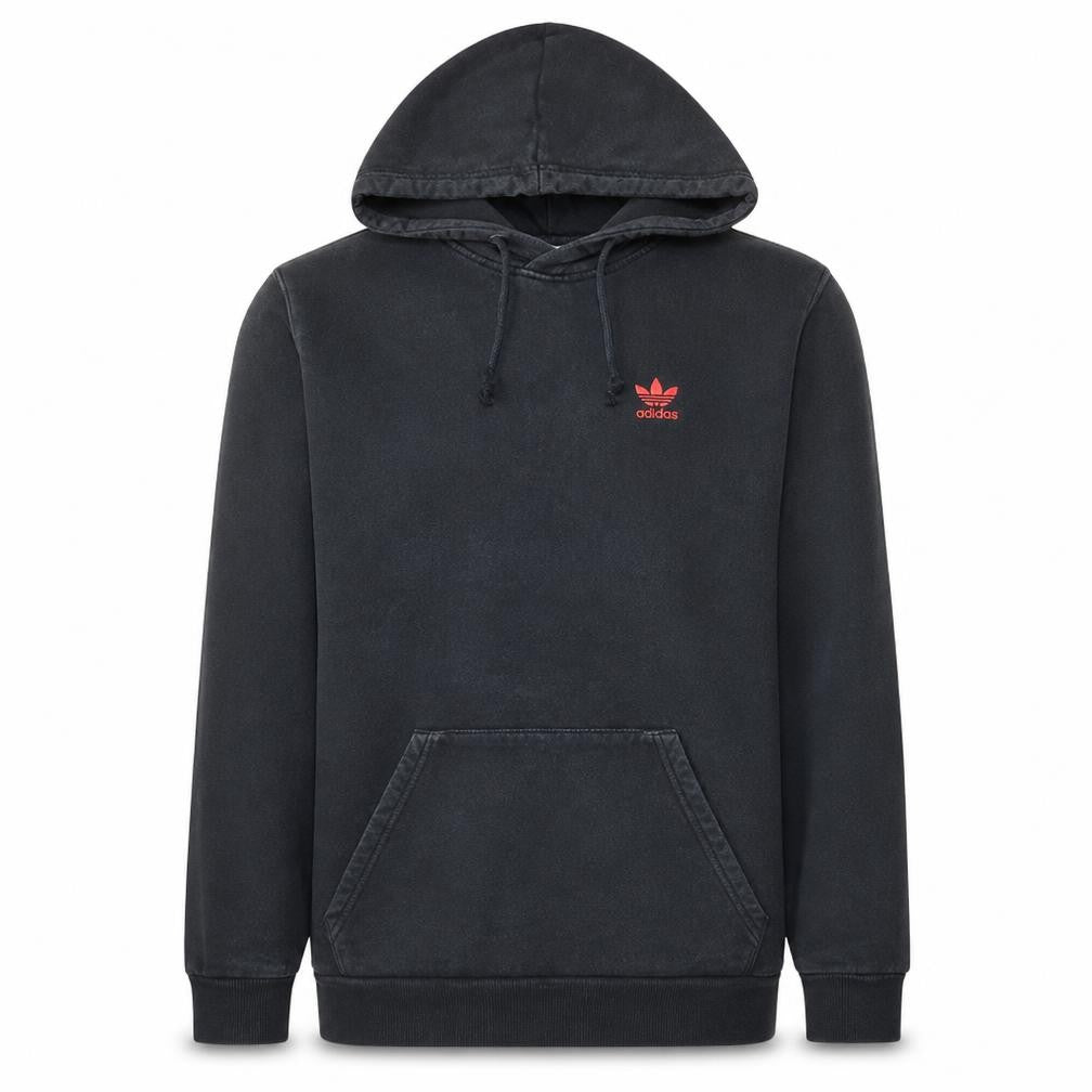 Front view of adidas Men’s Black XS Pullover Hoodie with Red Logo