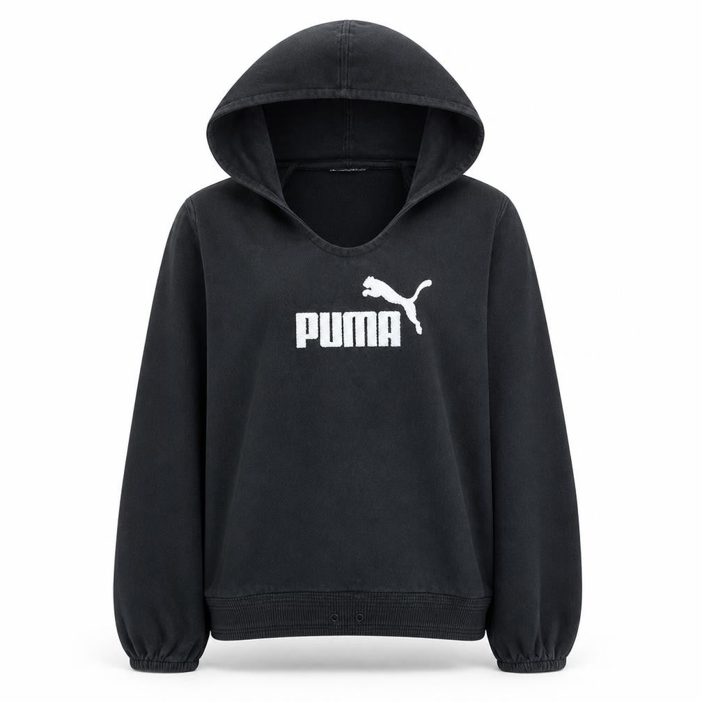 Front view of Puma Women's Black Pullover Hoodie, size 10, Cotton Blend Logo Sweatshirt