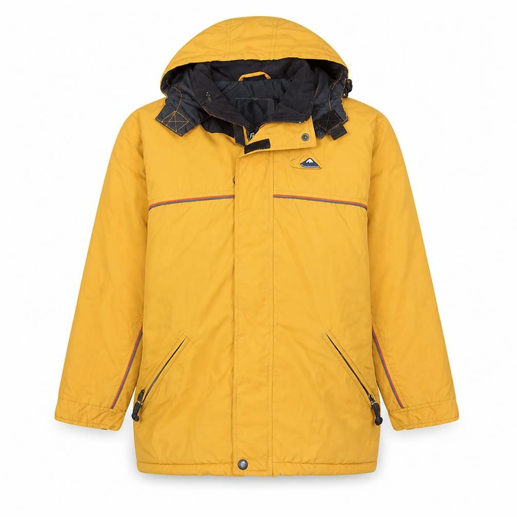 Front view of Quiksilver boys’ yellow hooded winter parka coat, size 12, years