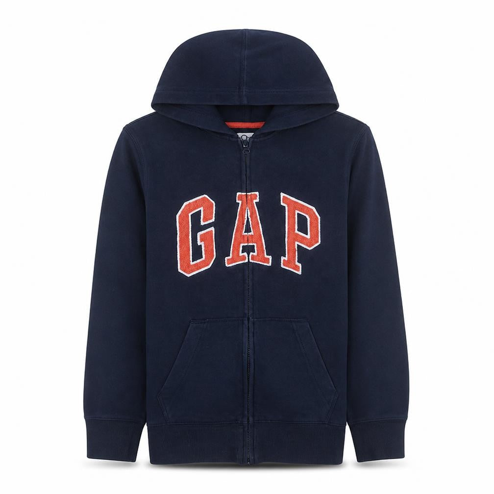Front view of Gap boys’ blue full zip fleece hoodie 14-15 years logo front sweatshirt