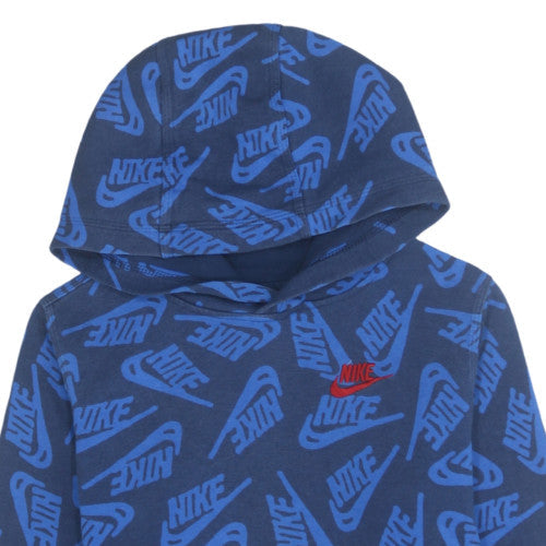 Nike Boys Blue Logo Print Pullover Hoodie Size L Cotton Blend