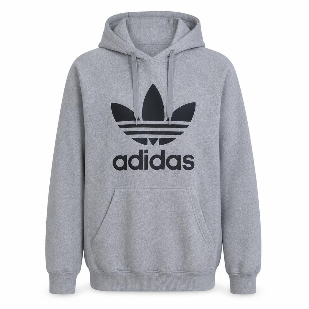Adidas Mens Grey Pullover Hoodie L Sports Logo Fleece Sweatshirt