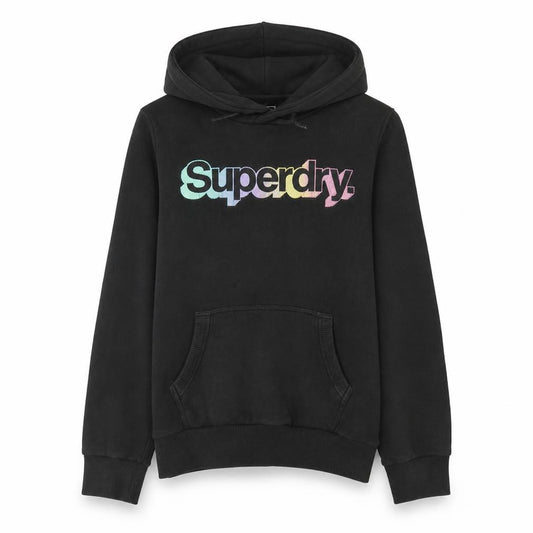 Superdry Womens Black Pullover Hoodie Size M Logo Print Sweatshirt